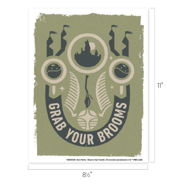 Stylized graphic with a castle silhouette, floating rings, broomsticks, and the words “Grab Your Brooms” on a green background. Image dimensions are 8.5 by 11 inches.