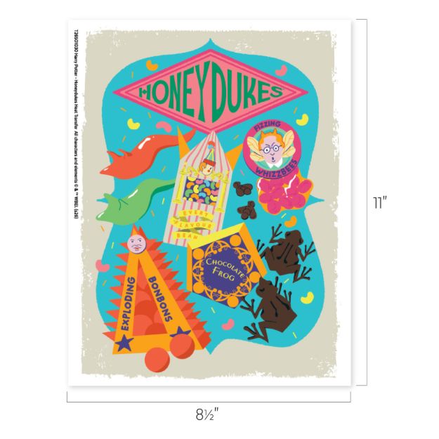 Colorful illustration of Honeydukes candy, featuring a pink sign, Bertie Bott's beans, chocolate frogs, fizzing whizbees, and exploding bonbons on a beige background. The page measures 8.5 by 11 inches.