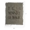 A vintage-style poster with "Ministry of Magic" text, magical symbols, handwritten notes, and a distressed border. Dimensions are 8.5 by 11 inches.