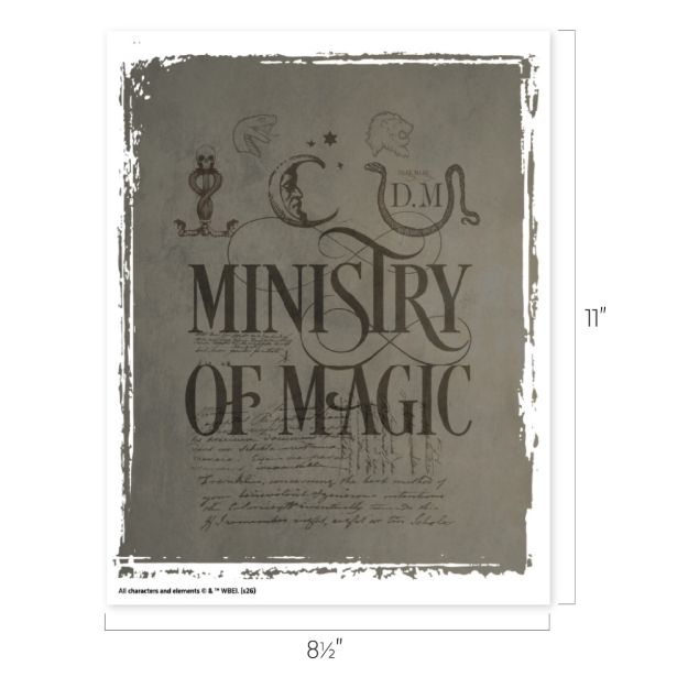 A vintage-style poster with "Ministry of Magic" text, magical symbols, handwritten notes, and a distressed border. Dimensions are 8.5 by 11 inches.