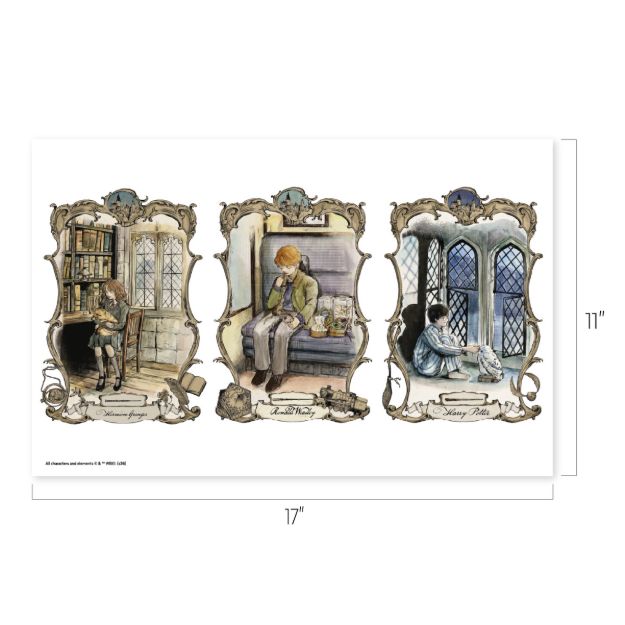 Three vintage-style illustrations show children reading or interacting with cats in different rooms, each bordered decoratively, on a white 17" x 11" print. The background includes arched windows and bookshelves.