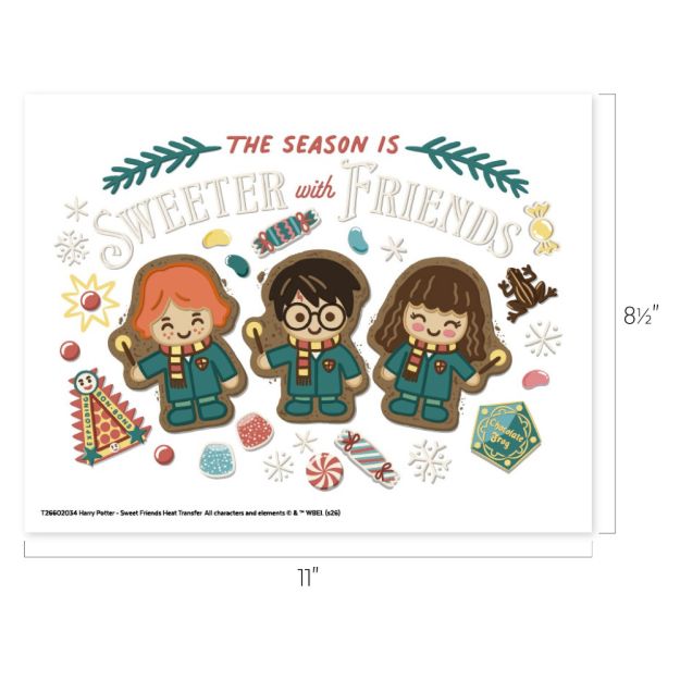 Three cartoon gingerbread cookies dressed as Harry Potter characters stand surrounded by festive treats. Text reads, "The season is sweeter with friends." Image dimensions are 11 inches by 8.5 inches.