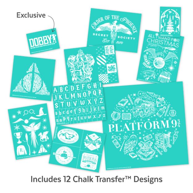 A collage of 12 turquoise Harry Potter-themed Chalk Transfer™ designs, including images of Dobby, Platform 9¾, potions, magical items, lettering, and holiday-themed art. Text reads "Includes 12 Chalk Transfer™ Designs.