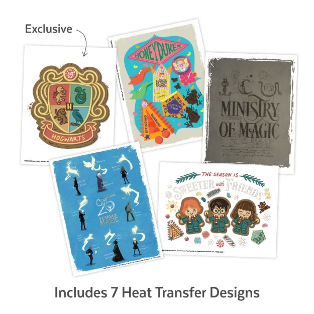 Five colorful Harry Potter-themed heat transfer designs, including Hogwarts, Honeydukes, Ministry of Magic, patronus silhouettes, and cartoon Harry and Hermione. Text reads, "Includes 7 Heat Transfer Designs.