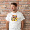 A man in a white graphic t-shirt stands smiling in front of a brick wall. The shirt has colorful text and numbers, reading "A. Potter 07" with a lightning bolt and glasses design.