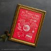 A framed red print with white Harry Potter-themed Christmas illustrations, including a broomstick, snitch, scarf, socks, chocolate frog, and wand, captioned “All I Want For Christmas.” Pine sprigs with cones are nearby.
