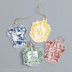Four hanging ornaments display the crests of Harry Potter’s Hogwarts houses: Ravenclaw (blue), Hufflepuff (yellow), Slytherin (green), and Gryffindor (red), arranged on a gray background.