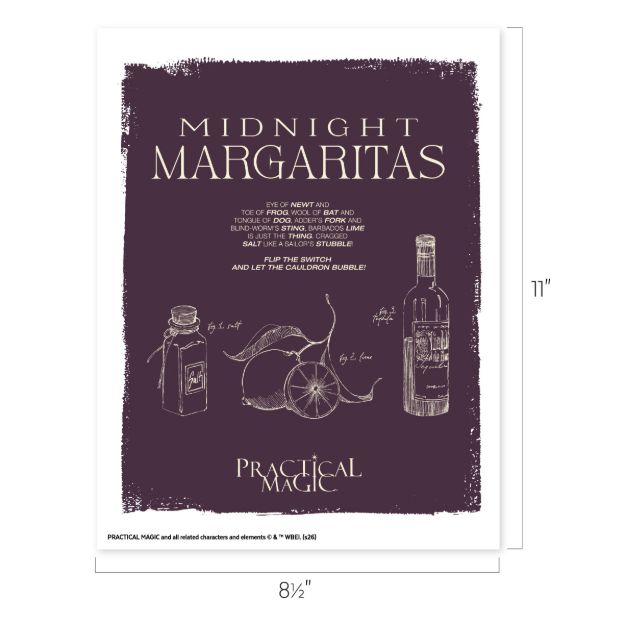 A recipe print with drawings of potion bottles, a lime, and Midnight Margaritas instructions on a purple background. The text reads ingredients and directions with "Practical Magic" at the bottom. Dimensions: 8.5"x11".