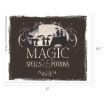 A vintage-style poster with silhouetted figures holding umbrellas and the text, “Magic isn’t just spells & potions. Practical Magic.” The dimensions are 8.5 by 11 inches.
