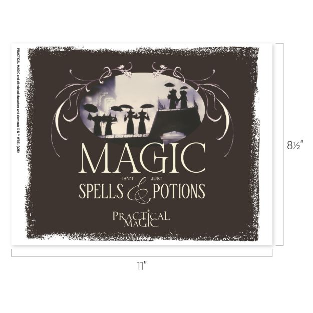 A vintage-style poster with silhouetted figures holding umbrellas and the text, “Magic isn’t just spells & potions. Practical Magic.” The dimensions are 8.5 by 11 inches.