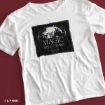 A white T-shirt with a black graphic reading “MAGIC SPELLS & POTIONS PRACTICAL” and silhouettes of potion bottles and wands, laid flat on a maroon background.
