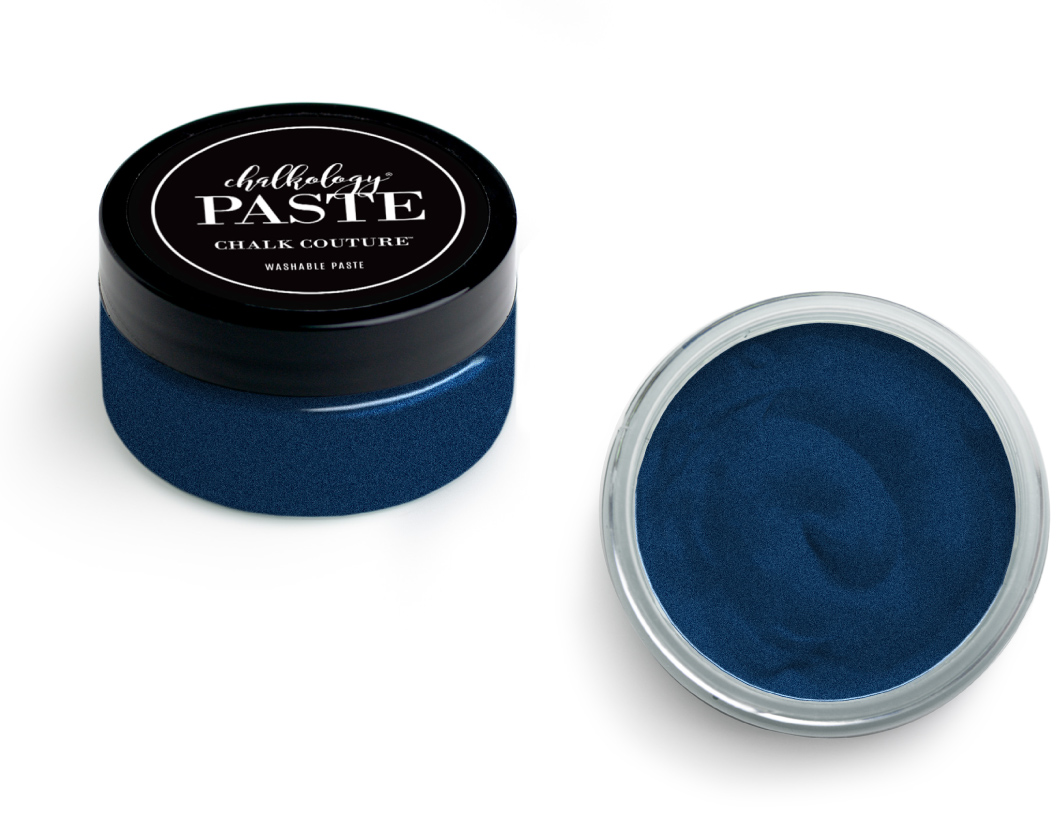 A jar of Chalk Couture chalk paste in deep blue, shown with the lid on to the left and an open container displaying the smooth, rich blue paste to the right.
