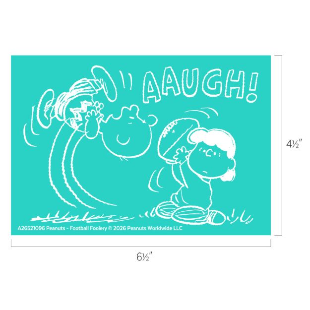 Cartoon drawing of a boy missing a football as a girl pulls it away, causing him to fall. The word “AAUGH!” is above him. Dimensions shown: 6½ inches by 4½ inches.
