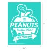 Teal poster with a pumpkin outline, Snoopy and Woodstock on top, and text: “Since 1950 Peanuts Pumpkin Patch! Pick Your Own!” Arrow and silhouettes of Peanuts characters, with dimensions 8.5 by 11 inches.