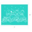 White line drawing of four “Peanuts” characters smiling behind large pumpkins and leaves, with stars above, on a teal background. Image dimensions are 11 inches by 8.5 inches.