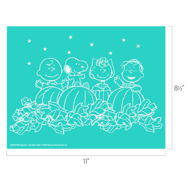 White line drawing of four “Peanuts” characters smiling behind large pumpkins and leaves, with stars above, on a teal background. Image dimensions are 11 inches by 8.5 inches.