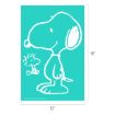 White line drawing of Snoopy standing and Woodstock facing him on a teal background. The image measures 18 inches tall by 12 inches wide.