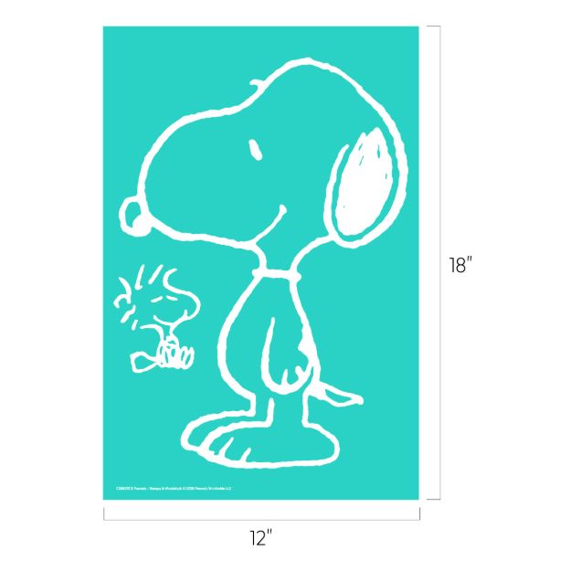White line drawing of Snoopy standing and Woodstock facing him on a teal background. The image measures 18 inches tall by 12 inches wide.