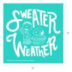 Lucy and Snoopy wear sweaters, standing together under the words “Sweater Weather” in large white letters, on a turquoise background.