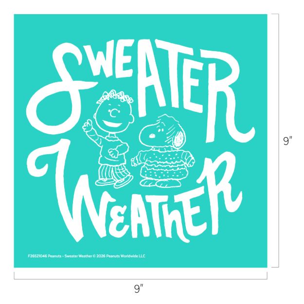 Lucy and Snoopy wear sweaters, standing together under the words “Sweater Weather” in large white letters, on a turquoise background.