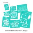 Eight teal chalk transfer designs featuring Peanuts characters, phrases like “Sweater Weather” and “The Sarcasm Society,” and seasonal illustrations. “Exclusive” is labeled on a Charlie Brown magician-themed design.