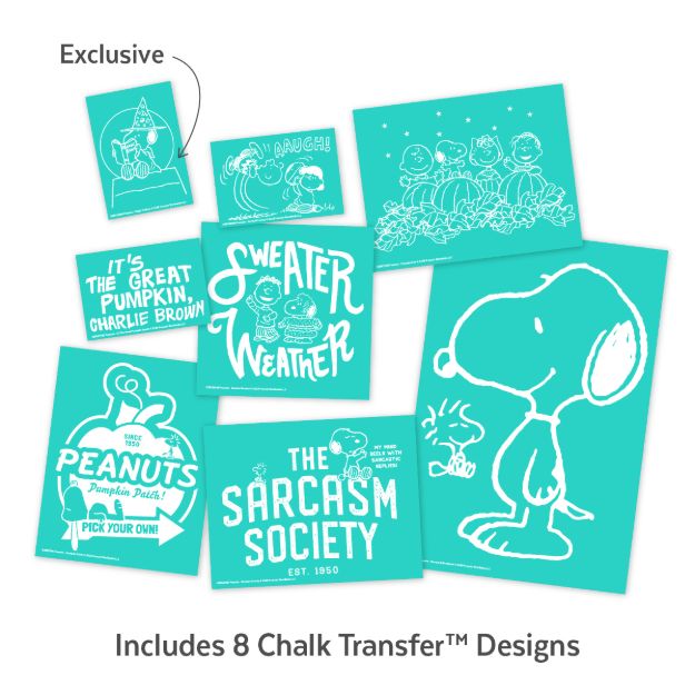 Eight teal chalk transfer designs featuring Peanuts characters, phrases like “Sweater Weather” and “The Sarcasm Society,” and seasonal illustrations. “Exclusive” is labeled on a Charlie Brown magician-themed design.