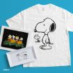 White T-shirt featuring Snoopy and Woodstock, a framed Peanuts artwork with four characters and pumpkins, and a rectangular dish with Lucy and Charlie Brown saying “MUCHA!” on a blue background.