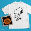 A white T-shirt with a black line drawing of Snoopy and Woodstock next to a framed picture of a pumpkin that reads “IT’S THE GREAT PUMPKIN, CHARLIE BROWN.” Both are on a blue background.