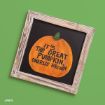 A framed artwork of an orange pumpkin on a black background with the text “IT’S THE GREAT PUMPKIN, CHARLIE BROWN” hand-painted on the pumpkin, set against a green surface.