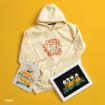 Cream hoodie with “Sweater Weather” text and Peanuts characters, a Peanuts-themed pumpkin patch sign, and a print of Peanuts characters in a pumpkin patch on a yellow background.