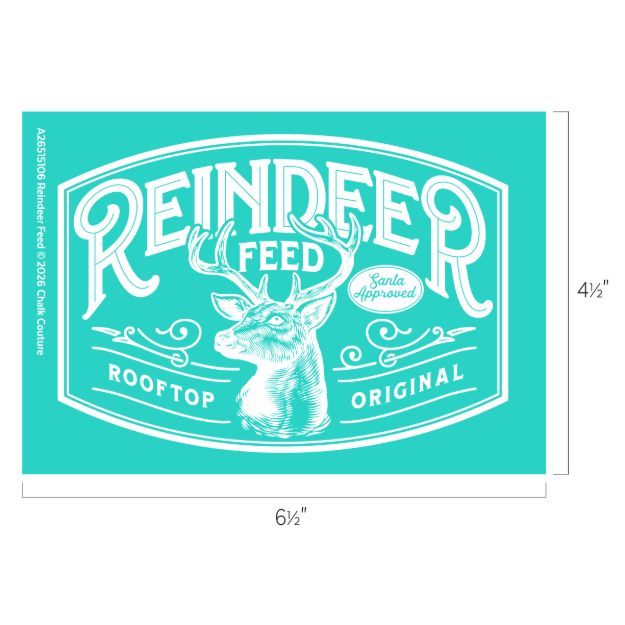 Turquoise label with a reindeer illustration and text: “Reindeer Feed, Santa Approved, Rooftop Original.” Dimensions are 6½ inches wide by 4½ inches tall.