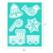 A turquoise stencil features outlines of a bell, bird, candy cane, snowflake, train engine, and train car. Dimensions are 8.5 inches wide by 11 inches tall.