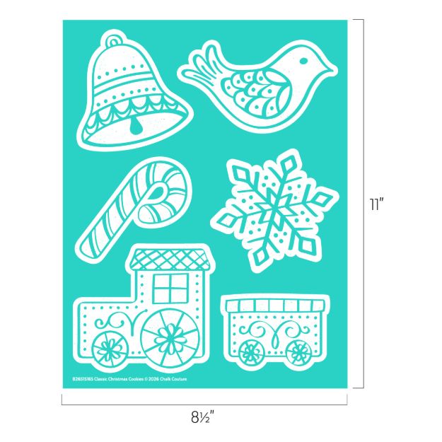 A turquoise stencil features outlines of a bell, bird, candy cane, snowflake, train engine, and train car. Dimensions are 8.5 inches wide by 11 inches tall.