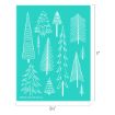 A teal sheet with white line drawings of various stylized pine trees in different sizes and shapes. The sheet measures 8.5 by 11 inches.
