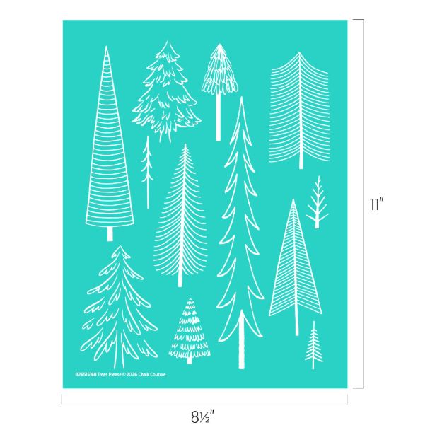 A teal sheet with white line drawings of various stylized pine trees in different sizes and shapes. The sheet measures 8.5 by 11 inches.