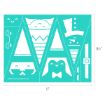 A teal stencil sheet with shapes of a penguin, elf, Santa, reindeer, top hat, belt, and glasses, sized 8.5 by 11 inches, designed for festive craft projects.