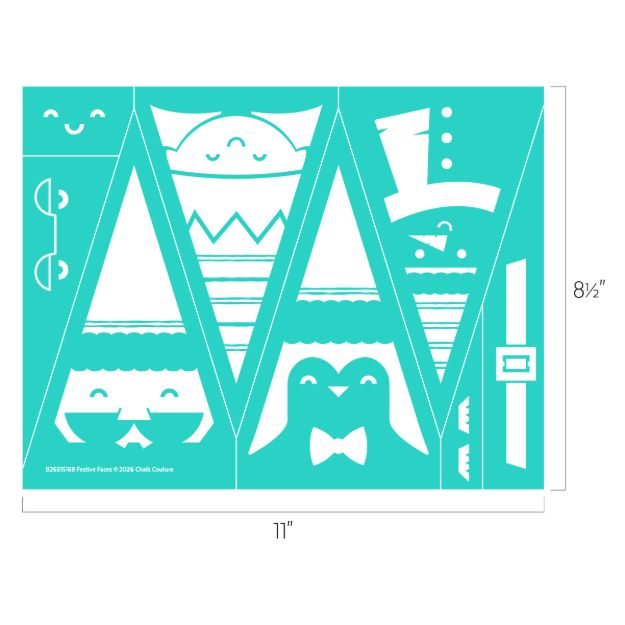A teal stencil sheet with shapes of a penguin, elf, Santa, reindeer, top hat, belt, and glasses, sized 8.5 by 11 inches, designed for festive craft projects.