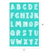 A turquoise chart displays the alphabet A-Z in white letters with playful, doodle-like patterns. The chart measures 12 inches wide by 18 inches tall.