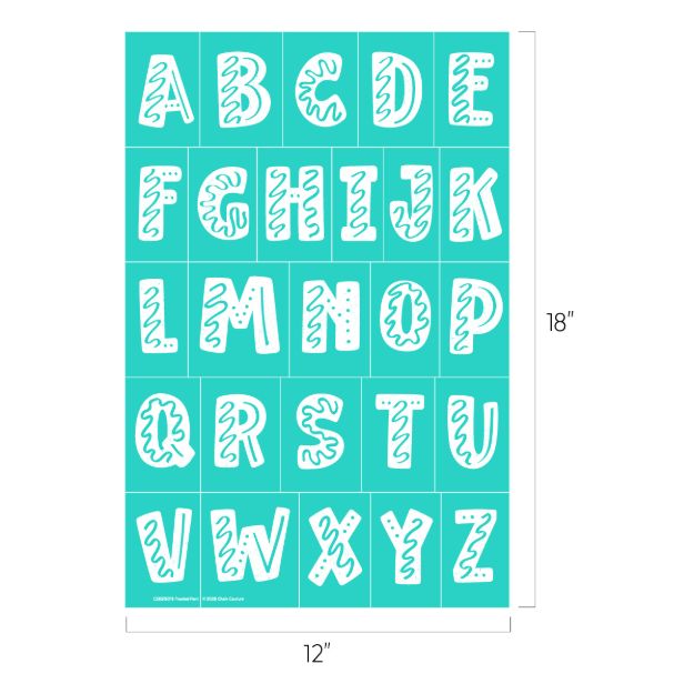 A turquoise chart displays the alphabet A-Z in white letters with playful, doodle-like patterns. The chart measures 12 inches wide by 18 inches tall.