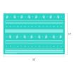 A teal rectangular sheet measuring 18 inches by 12 inches, decorated with rows of white bows, plus signs, and stripes arranged in a repeating pattern.
