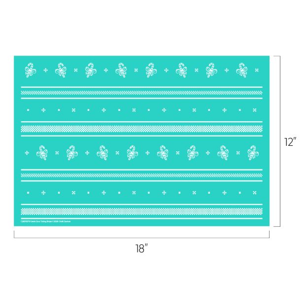 A teal rectangular sheet measuring 18 inches by 12 inches, decorated with rows of white bows, plus signs, and stripes arranged in a repeating pattern.