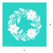 White holiday wreath with poinsettias, holly leaves, and berries on a teal square background. The image measures 18 inches by 18 inches.