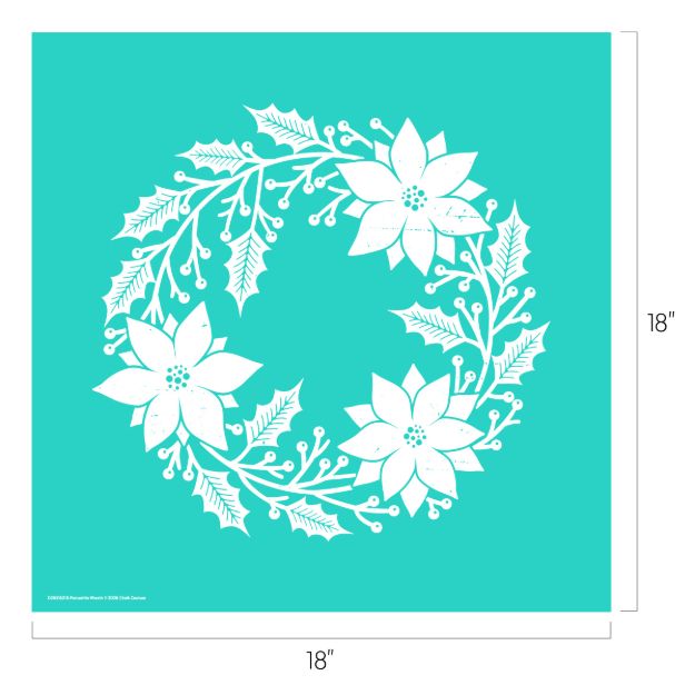 White holiday wreath with poinsettias, holly leaves, and berries on a teal square background. The image measures 18 inches by 18 inches.