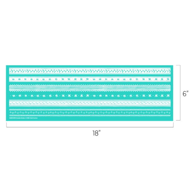 A rectangular turquoise mat with white decorative lines and patterns. The mat measures 18 inches wide and 6 inches tall, as indicated by labeled dimensions.