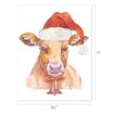 Watercolor illustration of a cow wearing a red Santa hat and a bell around its neck, centered on a white background. Dimensions marked: 8.5 inches wide by 11 inches tall.