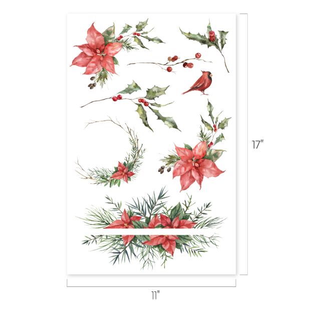 Watercolor-style Christmas floral designs featuring poinsettias, holly, pine branches, berries, and a cardinal. The sheet measures 11 by 17 inches.