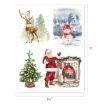 Four holiday illustrations: a reindeer, a snowman in a snowy forest, a decorated Christmas tree, and Santa standing by a fireplace with stockings and garland. Image dimensions: 8.5 by 11 inches.
