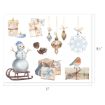 A watercolor illustration of holiday items, including candles, gifts, pinecones, ornaments, a snowflake, a bird, and a snowman on a sled. The image dimensions are 11″ wide by 8.5″ tall.