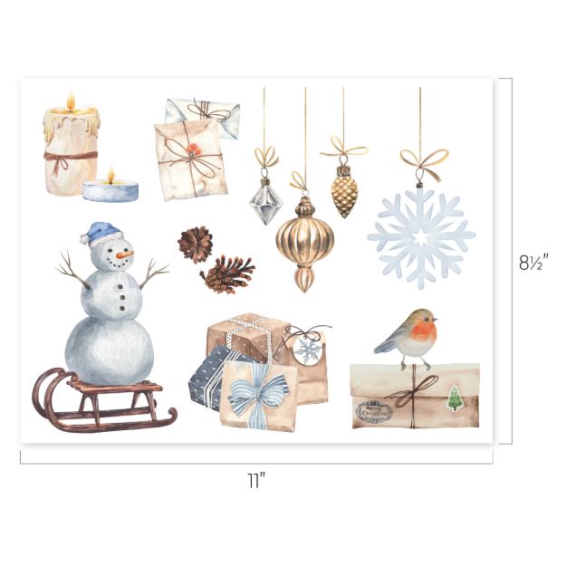 A watercolor illustration of holiday items, including candles, gifts, pinecones, ornaments, a snowflake, a bird, and a snowman on a sled. The image dimensions are 11″ wide by 8.5″ tall.