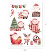 Christmas-themed illustration featuring Santa Claus, a reindeer, a penguin, gifts, a decorated tree, a sleigh, Santa in a cup, candy canes, and a “NOEL” banner on a white background. Image is 8.5 by 11 inches.